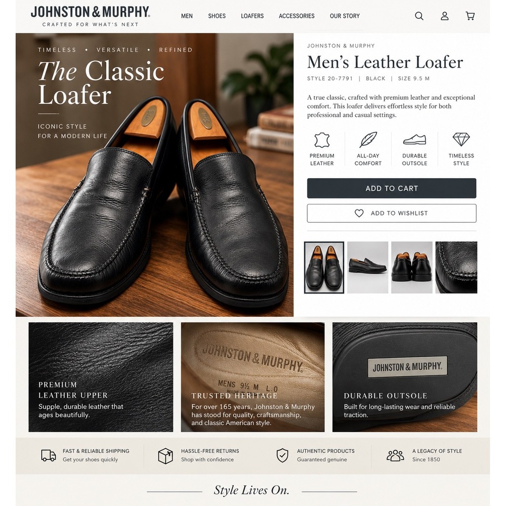 Johnston & Murphy Mens Black Leather Loafers Slip On Shoes 20-7791 Size 9.5 M